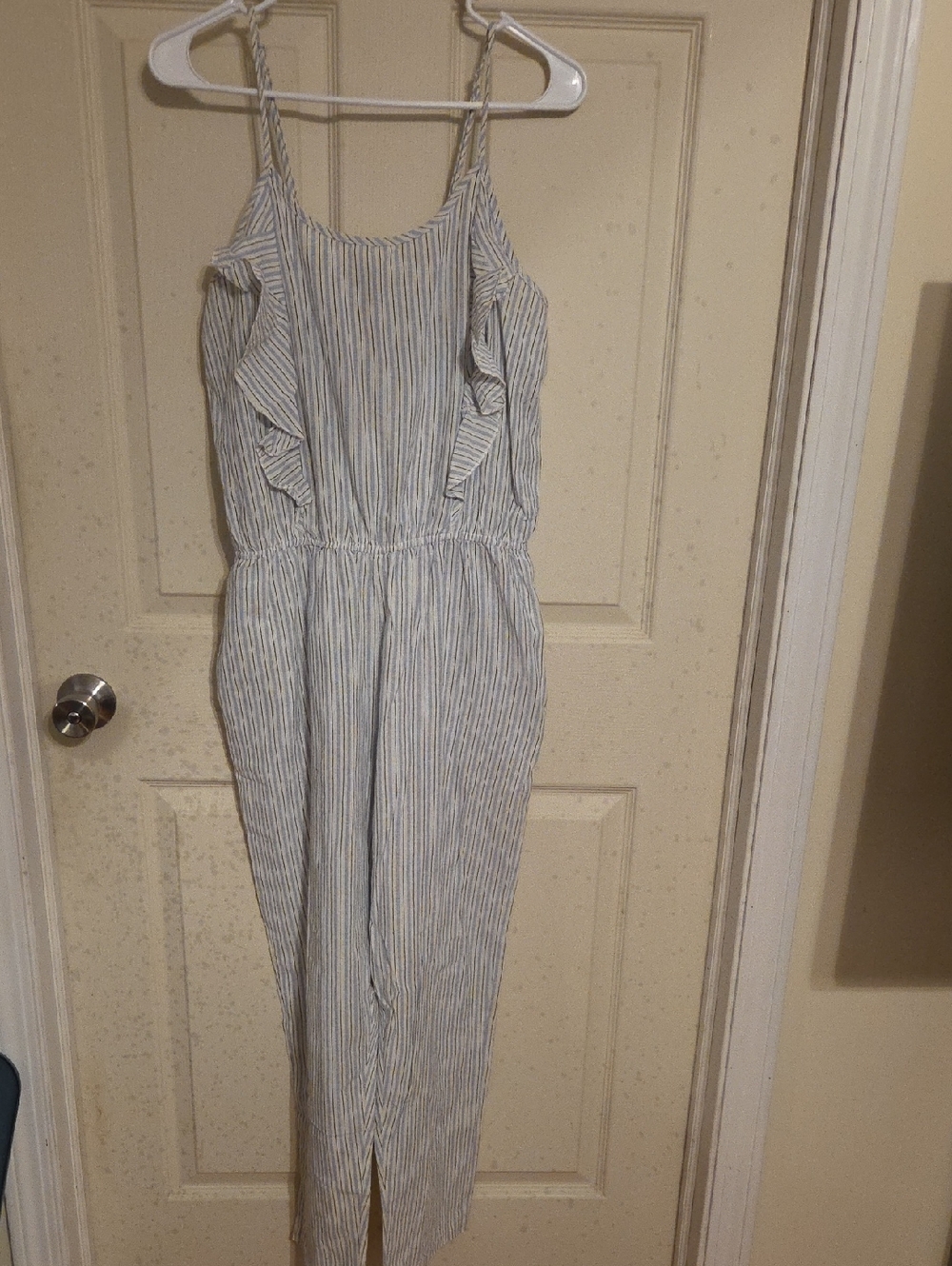 Blue & White Striped Ruffle-Shoulder Jumpsuit